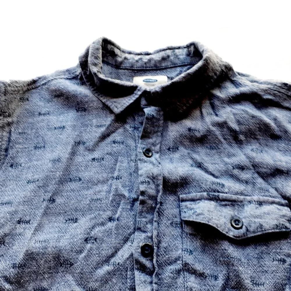 Old Navy Boys Shirt Button Down Blue Linen Blend Fish Short Sleeve Large 10-12